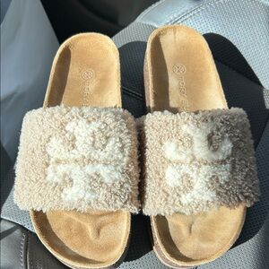 Tory Burch Double T Shearling Platform Slide sandals